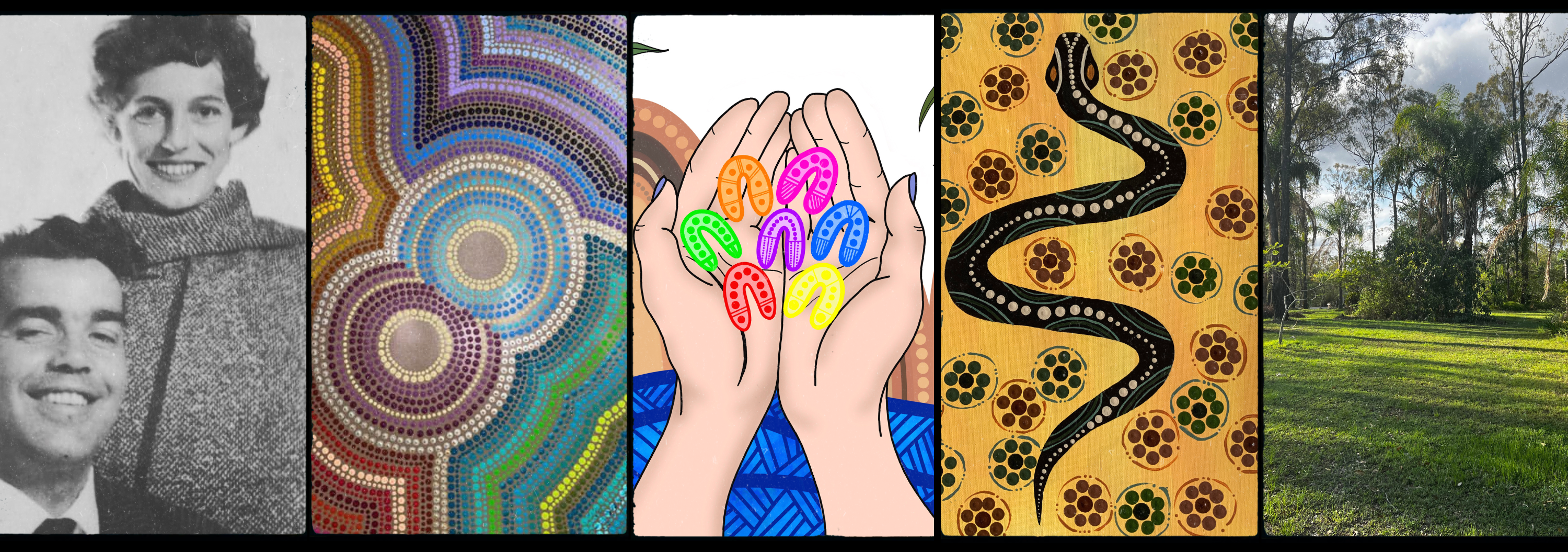 Collage of various images including a person, abstract patterns, hands with colorful objects, a snake, and a natural landscape.